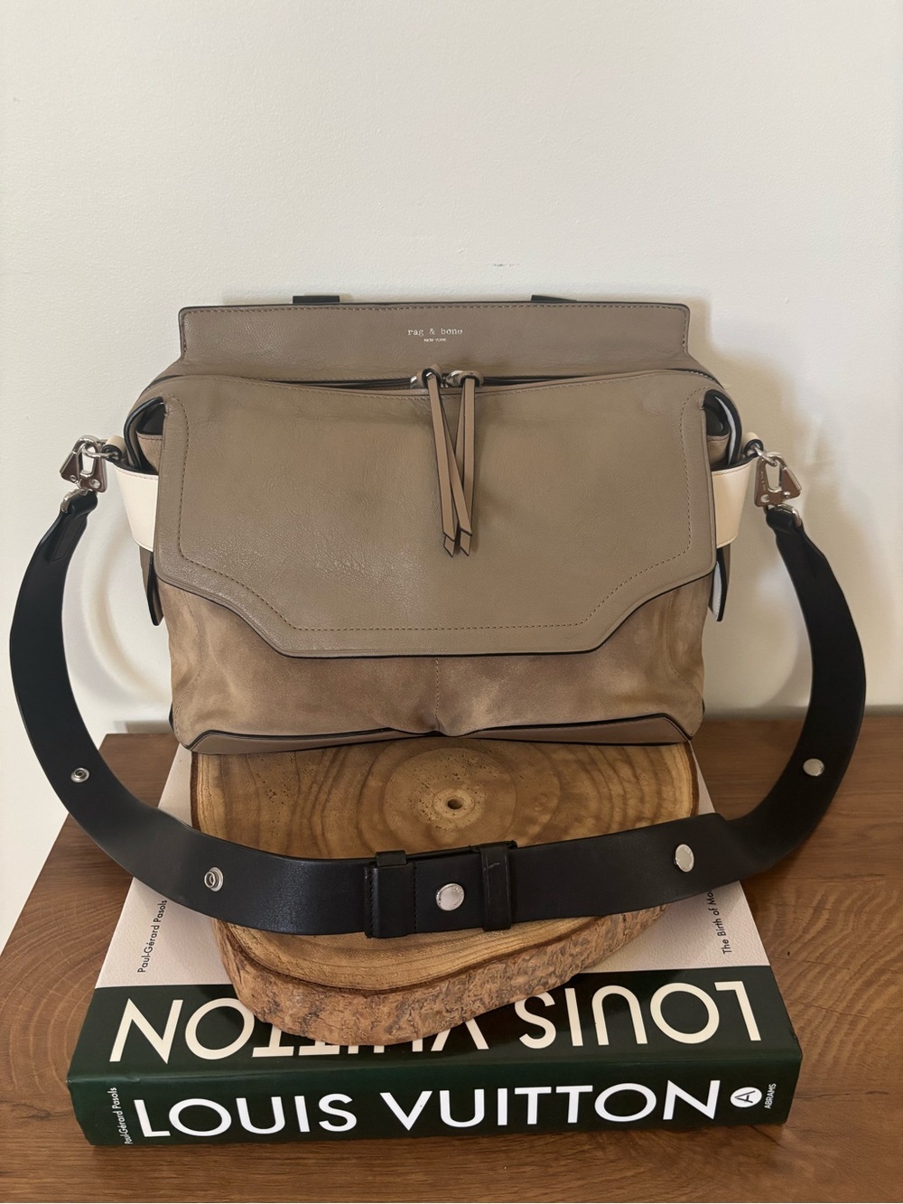 rag & bone Taupe Leather & Suede Messenger Bag with Black Strap